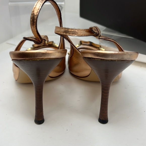 Gucci Sz 7 B Rosegold Rose Gold Leather Slingback Bamboo Horse Bit Heels - Picture 9 of 12